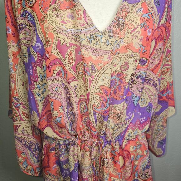 Chaps Large Paisley Floral Colorful Tunic Blouse with Drawstring Waist Lg V-Neck - Picture 3 of 10